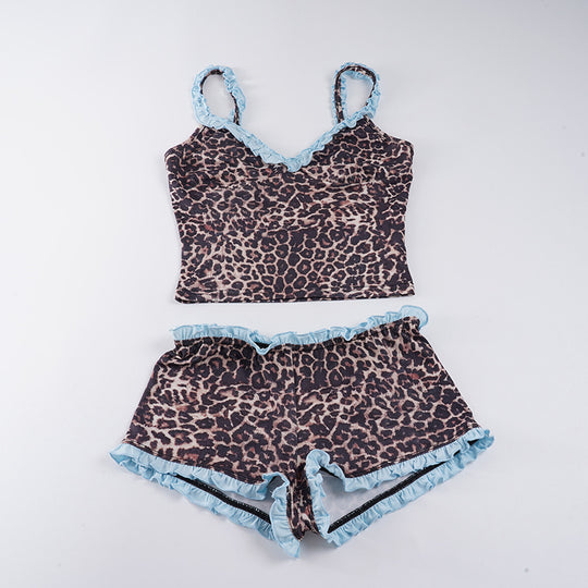 Damen Schlafanzug-Set mit Leopardenmuster und Rüschendetails EB