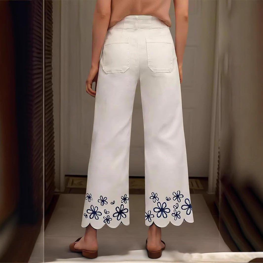 Damen Weite Culotte-Jeans mit gesticktem Blumenmuster EB