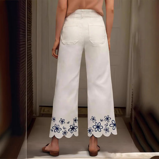 Damen Weite Culotte-Jeans mit gesticktem Blumenmuster EB
