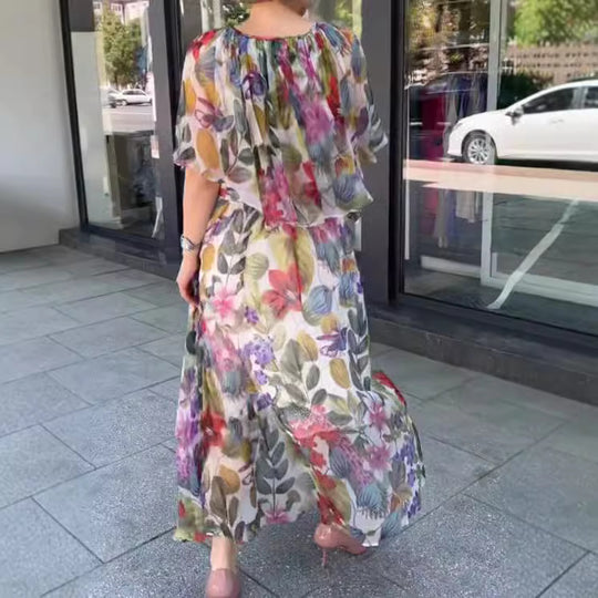 Damen Maxikleid mit transparentem Blütenmuster und elastischer Taille Heidi-Mode