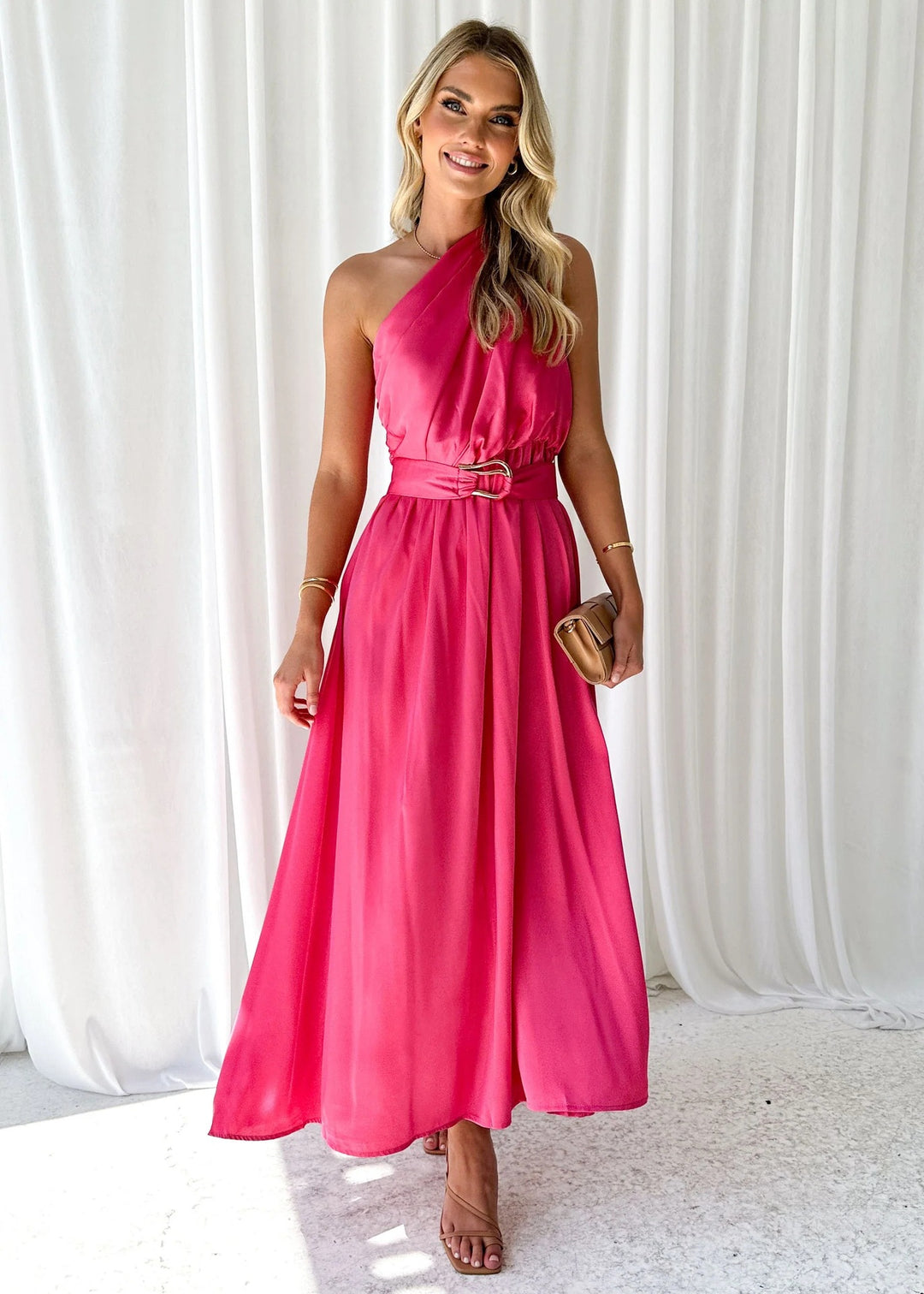 Damen Abendkleid mit asymmetrischem Trägerdesign und elegantem Taillengürtel EB