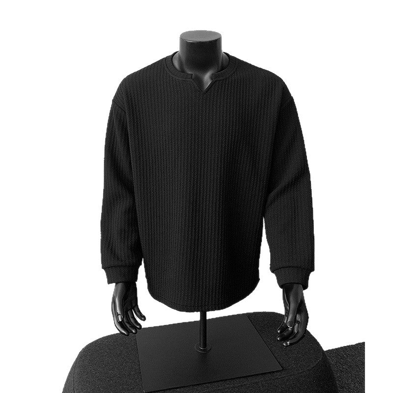 Herren nan grobstrukturierter Strickpullover mit V-förmigem Schlitzkragen und gerundetem Saum EB