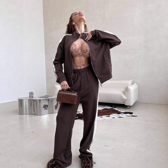Damen weites Zip-Sweatset mit Kapuze, hohen Bund und seitlichem Kontraststreifen Eichborn Berlin