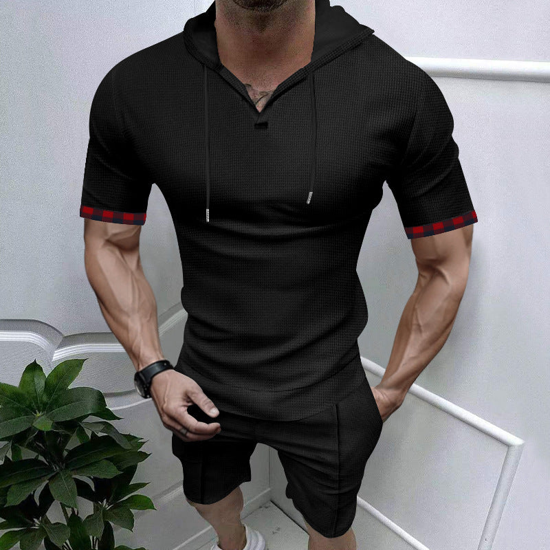 Herren sportliches Kurzarm-Hemden- und Shorts-Set mit Kapuze und kontrastierenden Ärmelabschlüssen EB