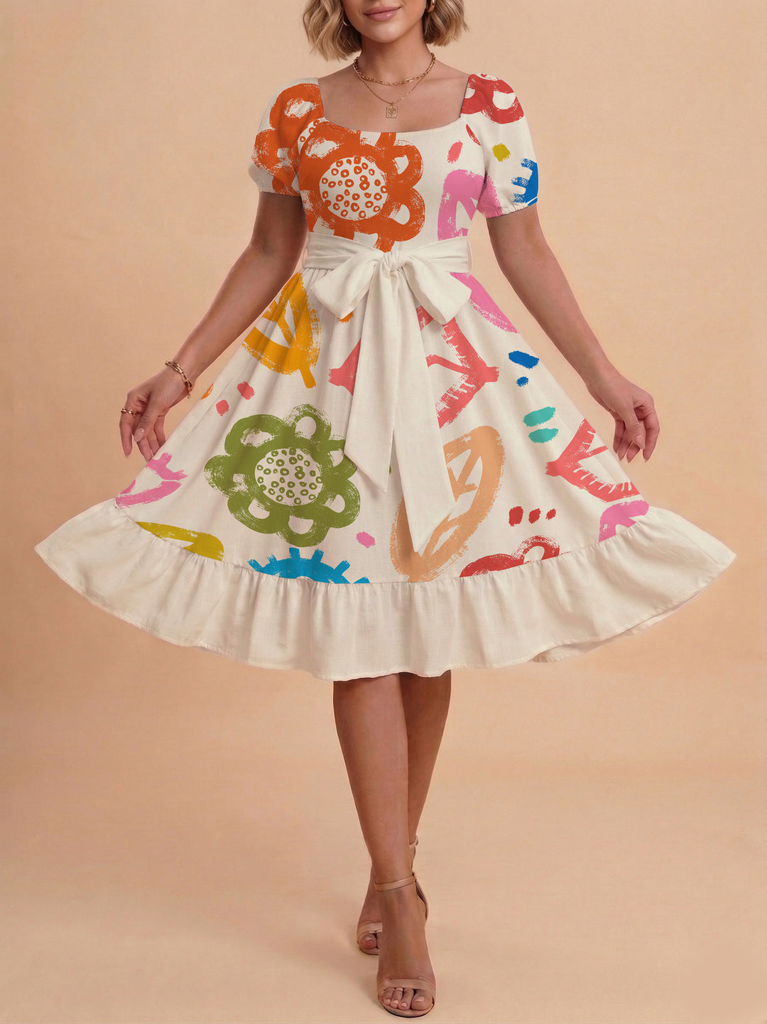 Damen Sommerkleid mit floralem Puffärmel und taillierbarem Gürtel EB