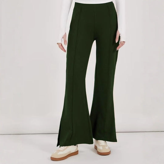Damen weite Flared-Hose aus strukturiertem Material mit seitlichen Schlitzen EB