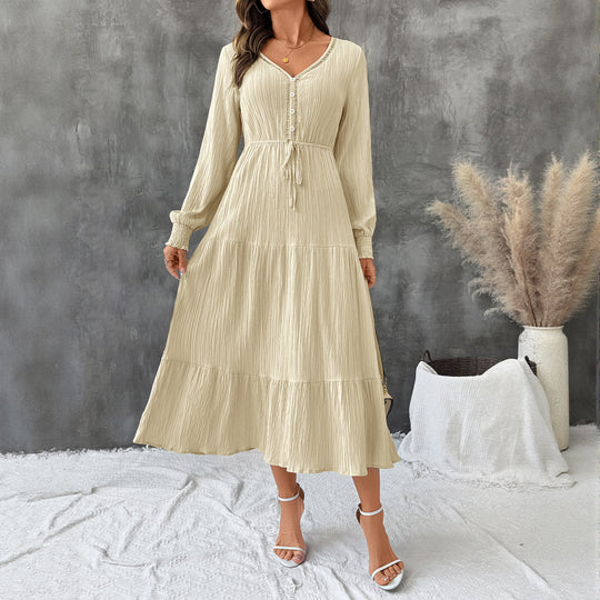 Damen Crinkle-Midikleid mit V-Ausschnitt, Knopfleiste, tailliertem Bindegürtel und Stufenrock EB