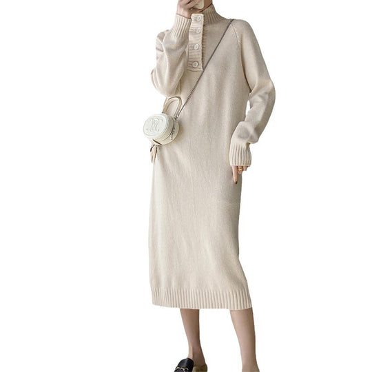 Damen Strickkleid mit Knopfverschluss und hohem Kragen EB