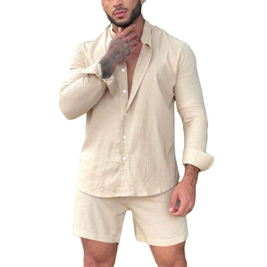 Herren modisches Freizeit-Set mit langarmigem Hemd und Shorts EB