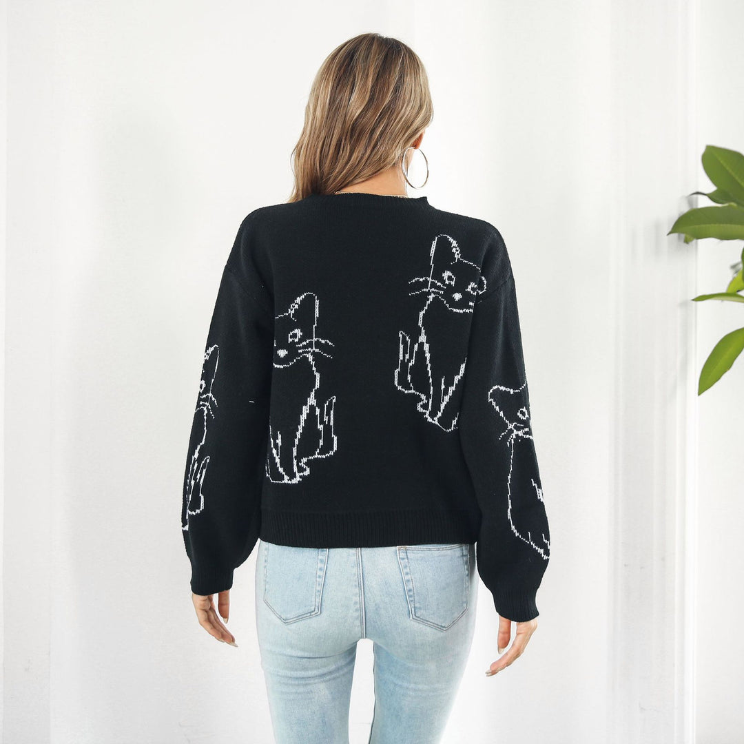 Damen Strickpullover mit verspieltem Katzenmotiv und lässigem Schnitt EB