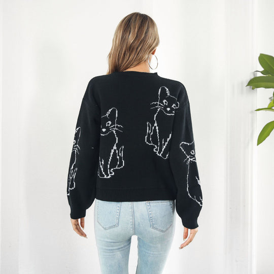 Damen Strickpullover mit verspieltem Katzenmotiv und lässigem Schnitt EB