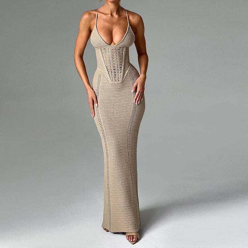 Damen Elegantes Maxikleid mit raffiniertem Rippendesign und tiefem V-Ausschnitt EB