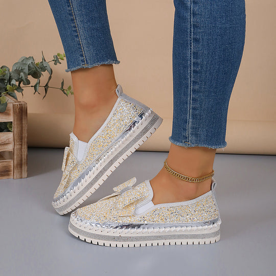 Damen modische Slip-On Sneakers mit glitzerndem Design und auffälliger Schleifenapplikation EB