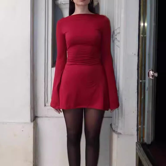 Damen elegantes Rüschen-Minikleid mit langen Ärmeln EB