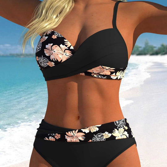 Damen Wickel-Bikini-Set mit floralem Design und hohem Bund EB