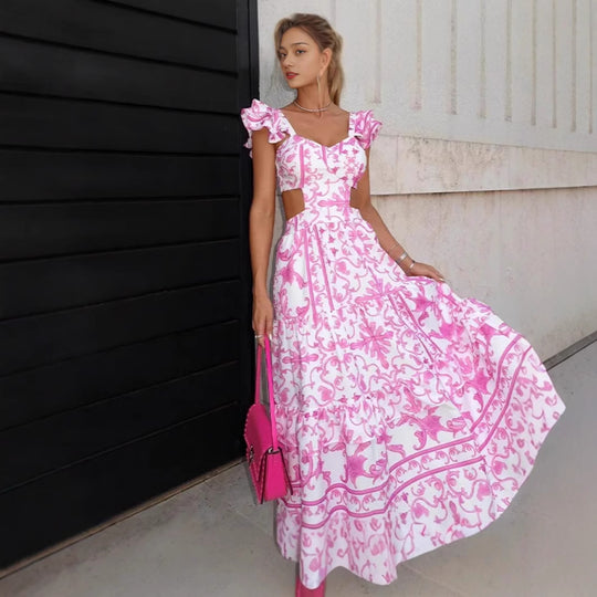 Damen Elegantes Maxikleid mit Cut-out-Design und Rüschendetails EB