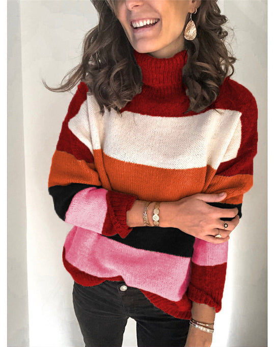 Damen modischer Strickpullover mit hohem Kragen und breitem Streifenmuster EB