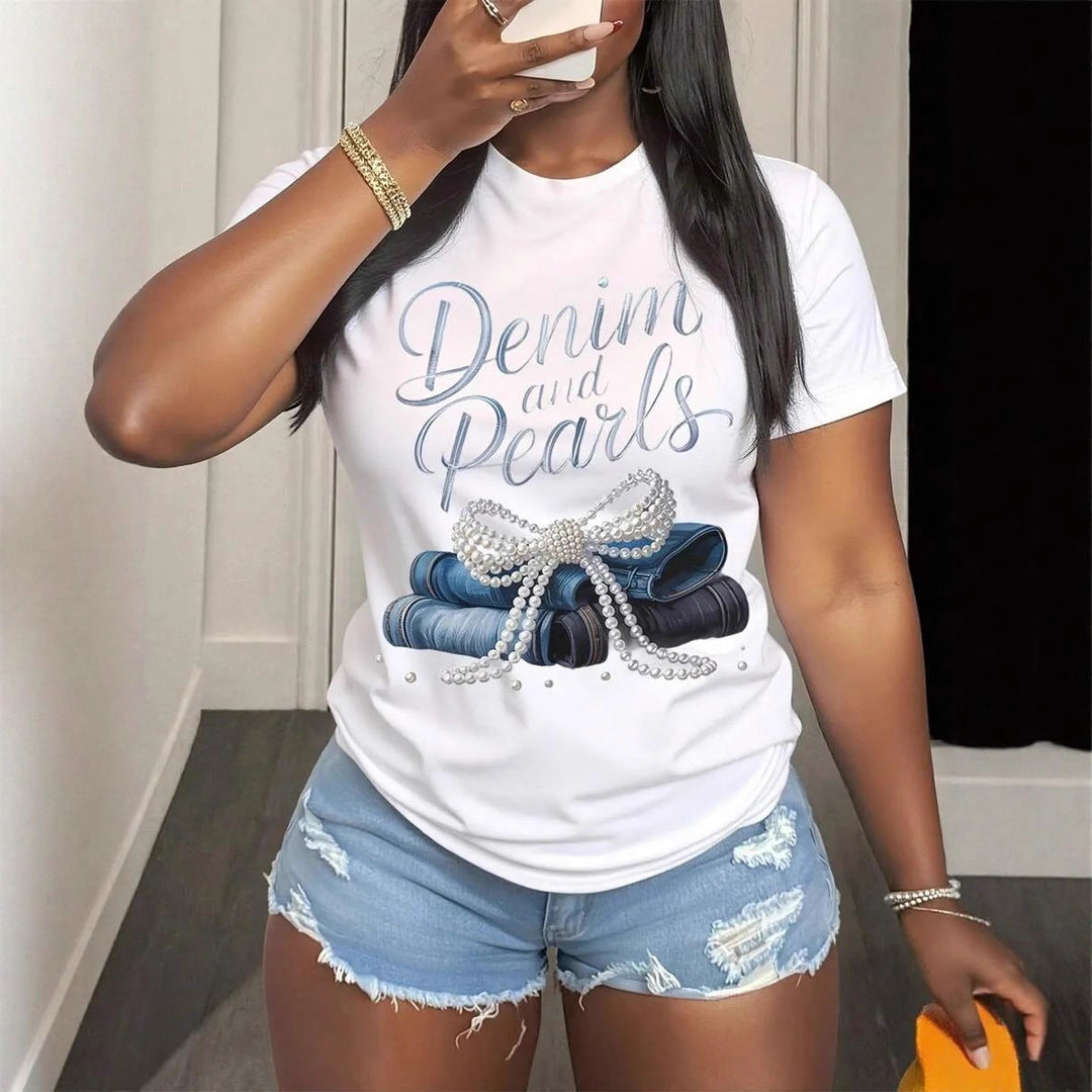 Damen T-Shirt mit kreativem Schriftzug und eleganten Perlenakzenten EB