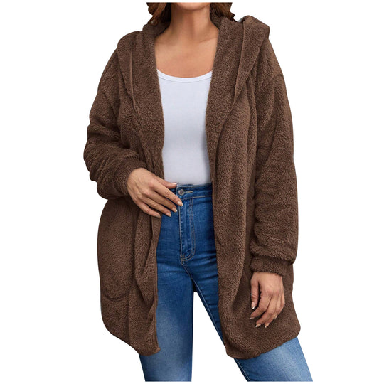 Damen nan kuschelige Teddy-Fleece Kapuzenjacke mit großen Eingrifftaschen und entspannter Silhouette EB