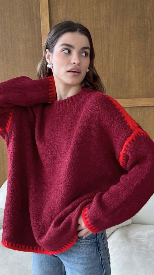 Damen kuscheliger Strickpullover mit kontrastierenden Akzentdetails EB