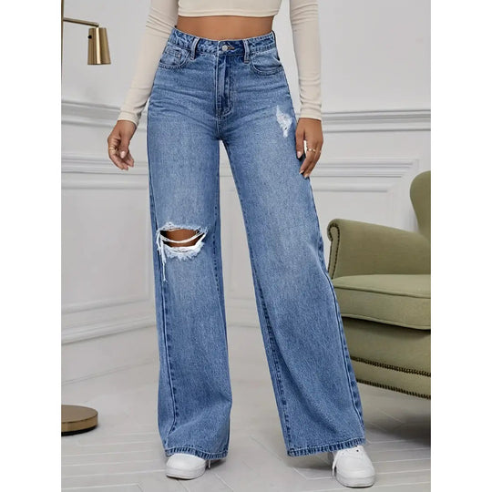 Damen Weite Jeans mit schicken Rissdetails und hohem Bund EB