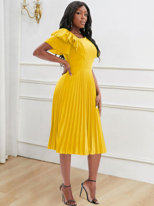 Damen Plissee-Kleid mit asymmetrischem Schnitt und eleganter Rüsche EB