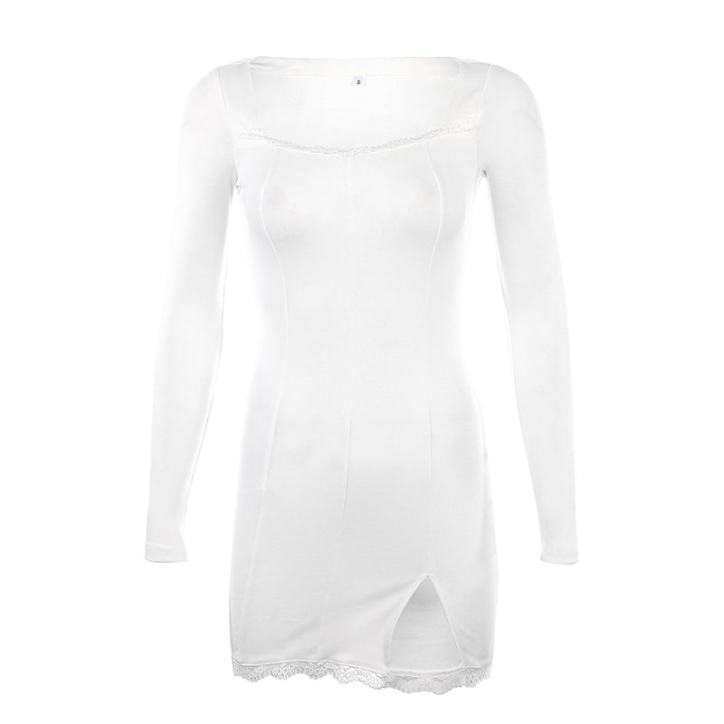 Damen figurbetontes Langarmkleid mit Spitzenakzenten und sexy Schlitz EB