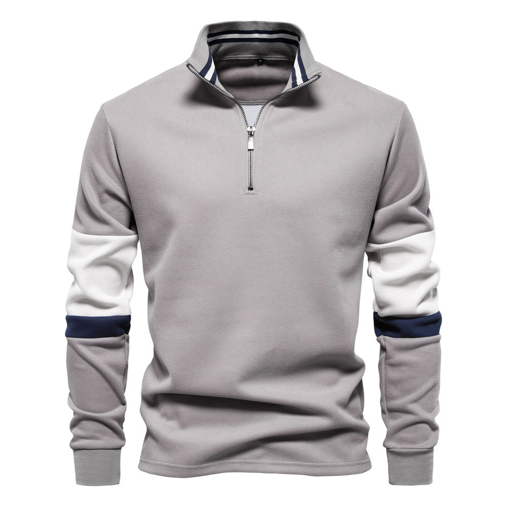 Herren nan Halbzip-Pullover mit Stehkragen, gestreiftem Krageninnenband und Kontrastärmeln EB