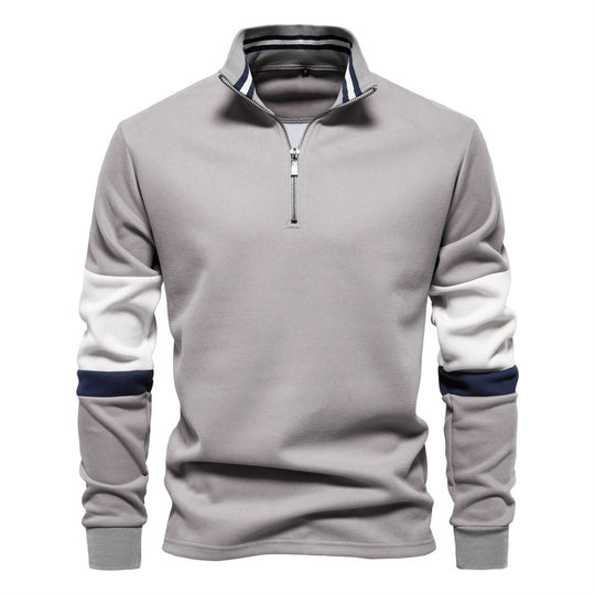 Herren nan Halbzip-Pullover mit Stehkragen, gestreiftem Krageninnenband und Kontrastärmeln EB