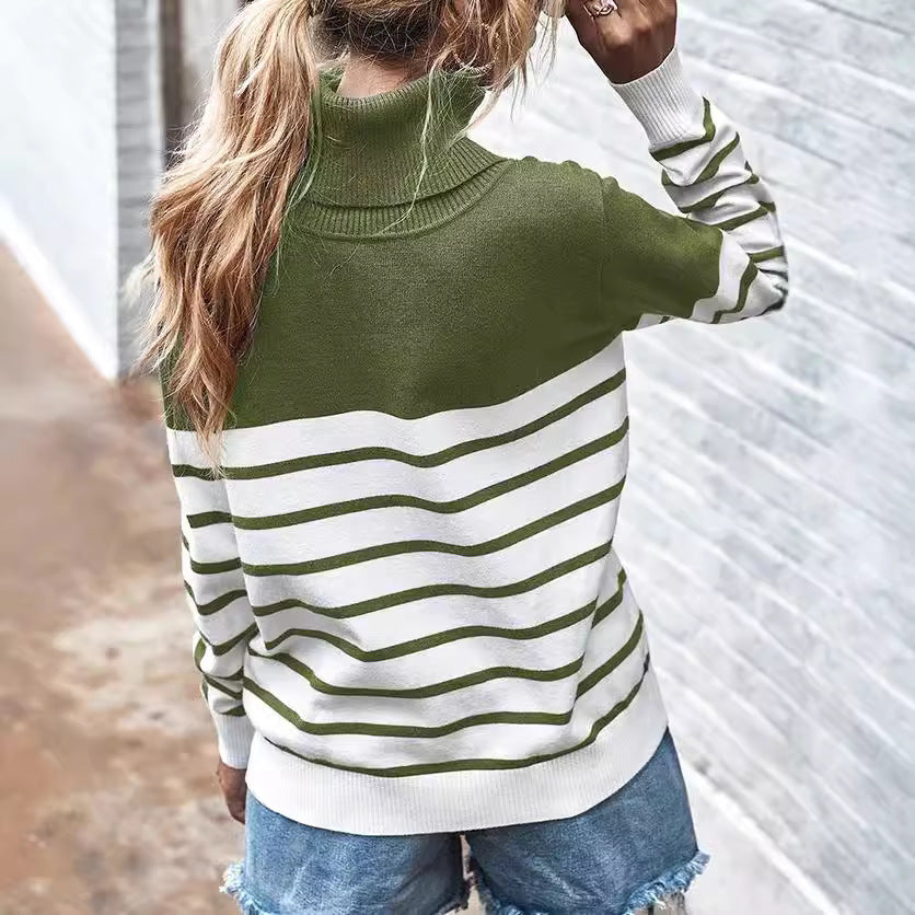 Damen gemütlicher Rollkragenpullover mit Streifenmuster EB