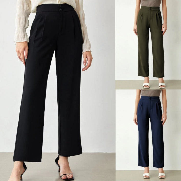 Damen elegante weite Stoffhose mit Bundfalten und hohem Taillenbündchen EB