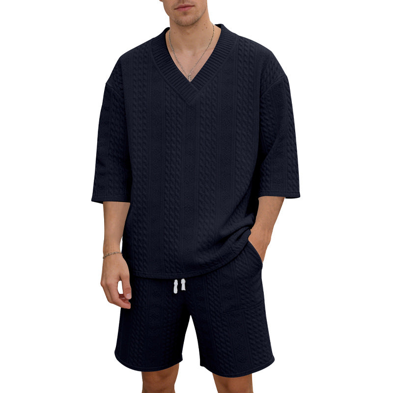 Unisex nan lässiges Lounge-Set mit V-Ausschnitt-Oberteil und Kordelbund-Shorts EB