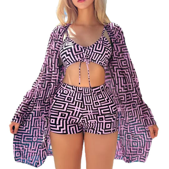 Damen modisches Bikini-Set mit geometrischen Mustern und transparenter Strandjacke EB