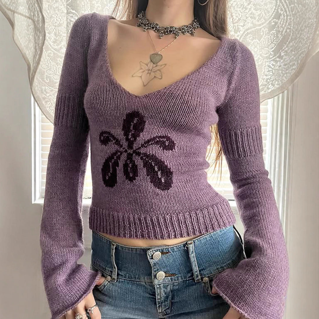 Damen nan kurzes Feinstrick V‑Pullover mit floralem Intarsienmotiv und ausgestellten Trompetenärmeln EB