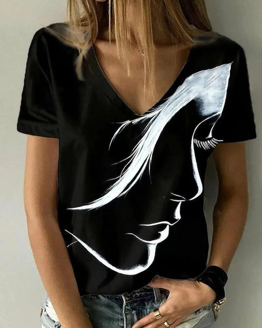 Damen V-Ausschnitt T-Shirt mit kreativem Grafikdruck EB
