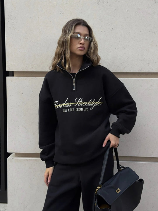 Damen nan oversized Halbzip-Sweatshirt mit hohem Stehkragen und Statement-Print EB