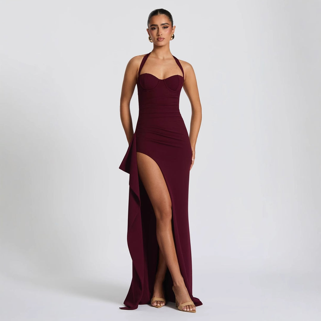 Damen Elegantes Kleid mit asymmetrischem Saum und schicker Nackenbindung EB