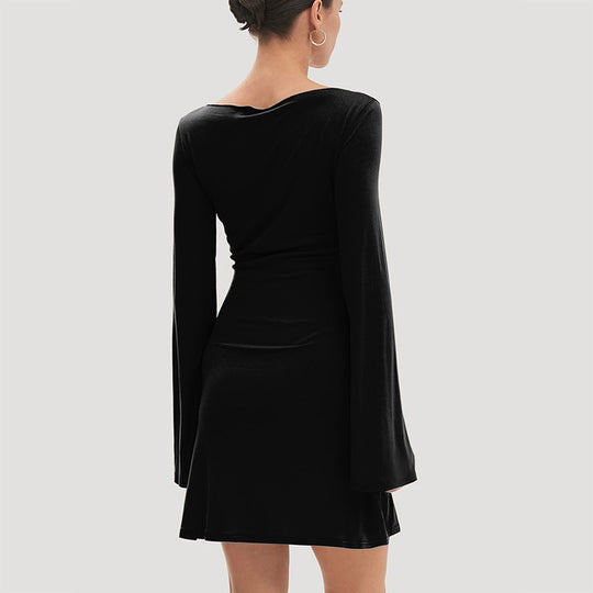 Damen elegantes Langarmkleid mit asymmetrischem Saum und fließendem Schnitt EB