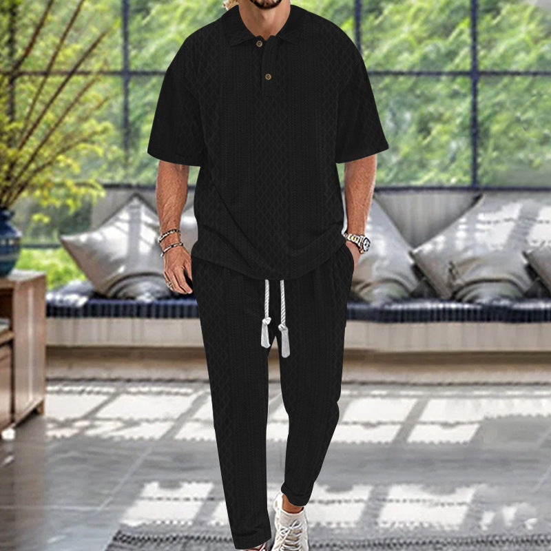 Herren nan Jacquard-Loungewear-Set mit Polokragen Kordelzugbund und konisch geschnittener Jogginghose EB