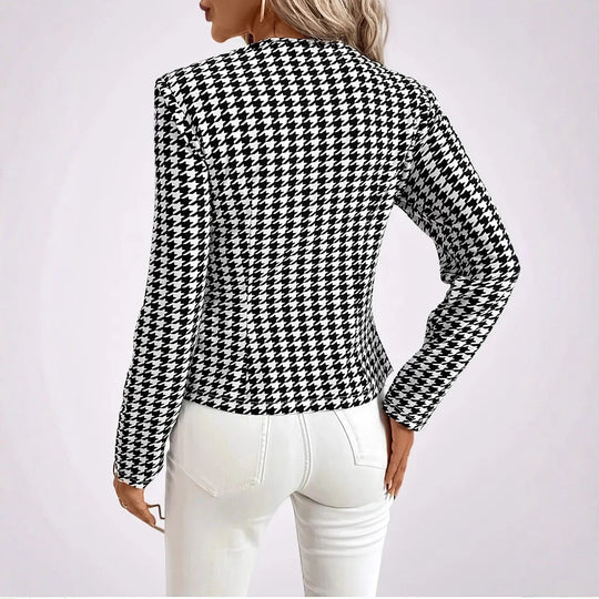 Damen Moderne Blazerjacke mit Hahnentrittmuster und eleganten Knöpfen EB