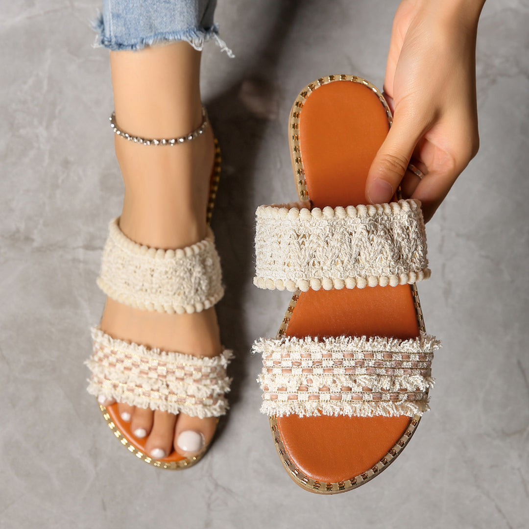 Damen Komfortable Flauscher-Sandalen mit eleganten Textilbändern EB