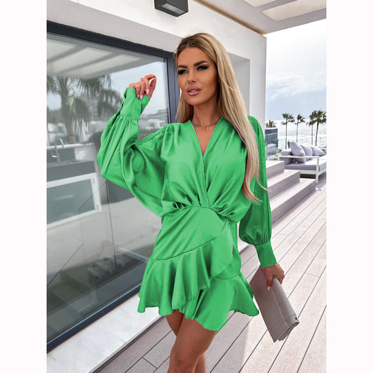 Damen Wickelkleid mit voluminösen Ärmeln und schwingendem Saum EB