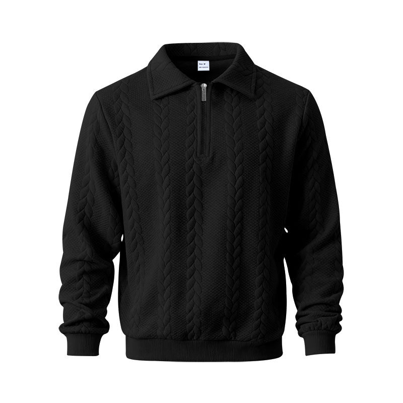 Herren nan strukturierter Strickpullover mit halbem Reißverschluss, Polokragen und Zopfmuster EB