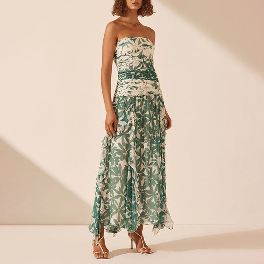 Damen schulterfreies Maxikleid mit Rüschendetails und floralem Muster EB