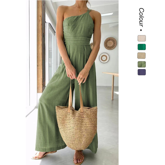 Damen Jumpsuit im modischen Wickeldesign mit weitem Bein und schulterfreiem Schnitt EB