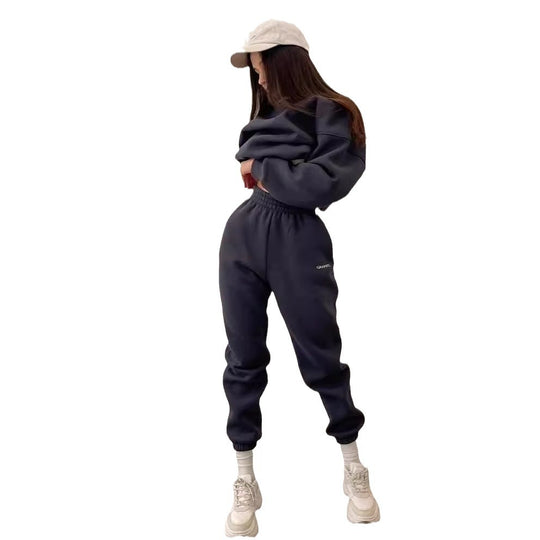 Damen nan Oversized kurz geschnittenes Sweatshirt mit High Waist Fleece Jogginghose Set EB