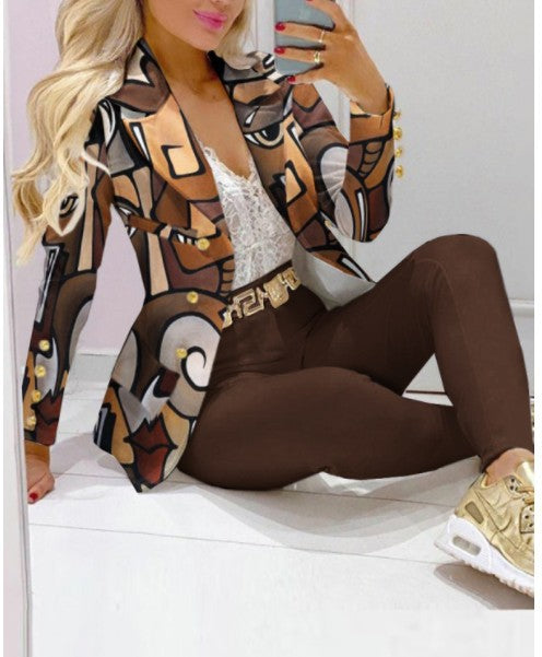 Damen Zweiteiliges Blazer-und-Hose-Set mit Schmetterlingsprint und glamourösem Glitzereffekt EB