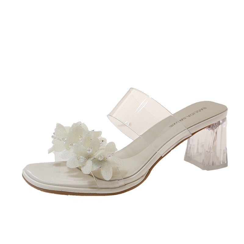 Damen Transparente Mules mit floralem Design und glitzerndem Blockabsatz EB