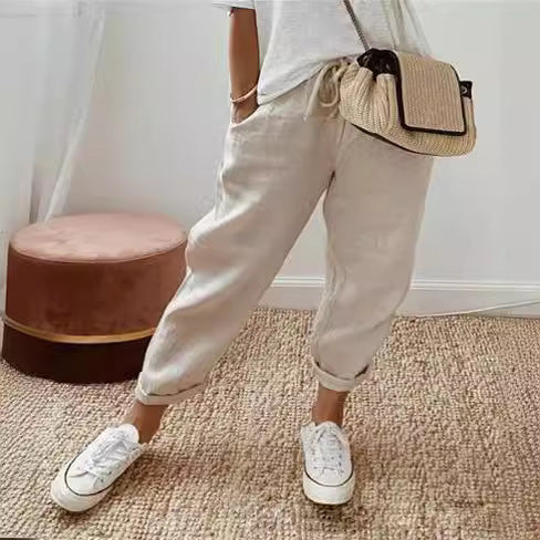 Damen nan legerer Leinen-Jogger mit Kordelzug, Eingrifftaschen und umgeschlagenem Saum EB