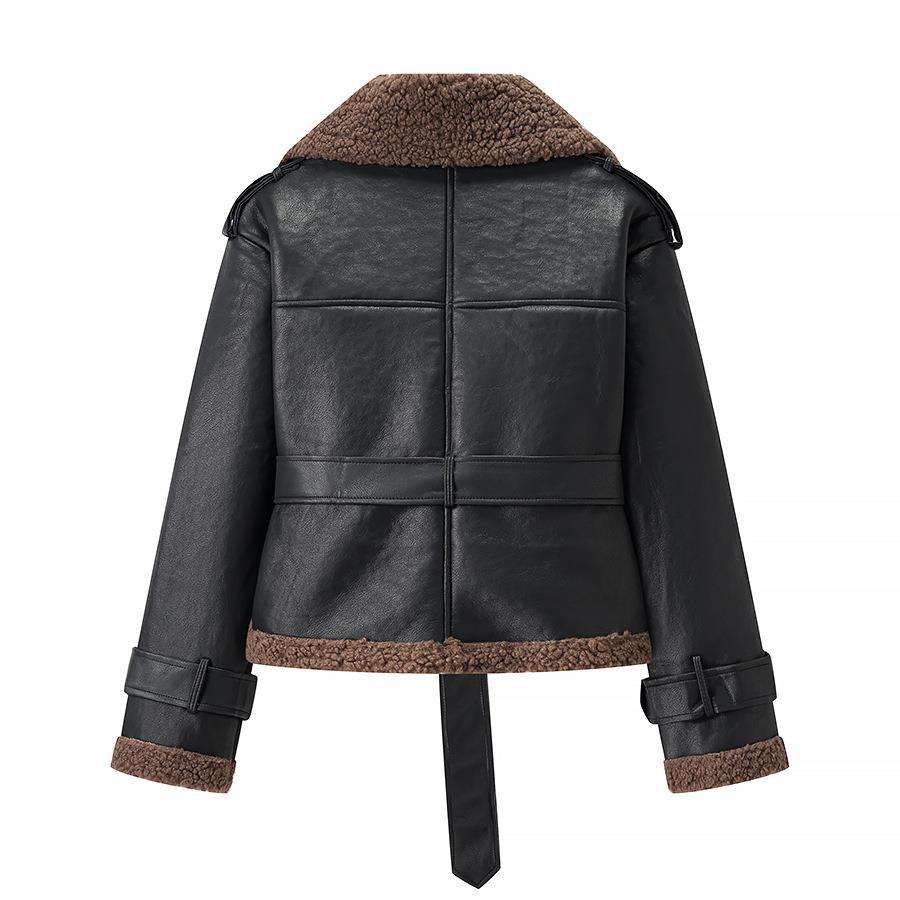 Damen Kunstlederjacke mit Teddy-Futter und taillierbarem Gürtel EB